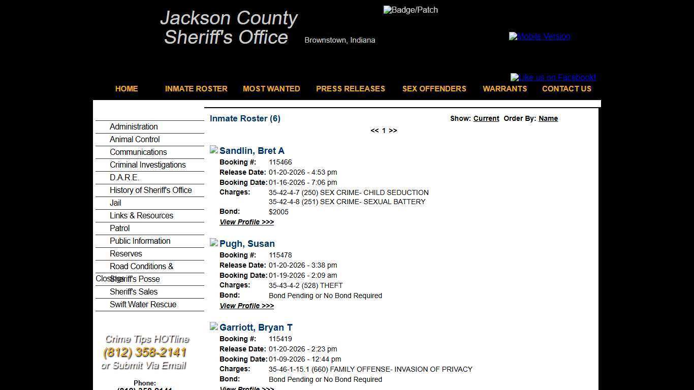 Inmate Roster - Released Inmates Booking Date Descending - Jackson County IN Sheriff